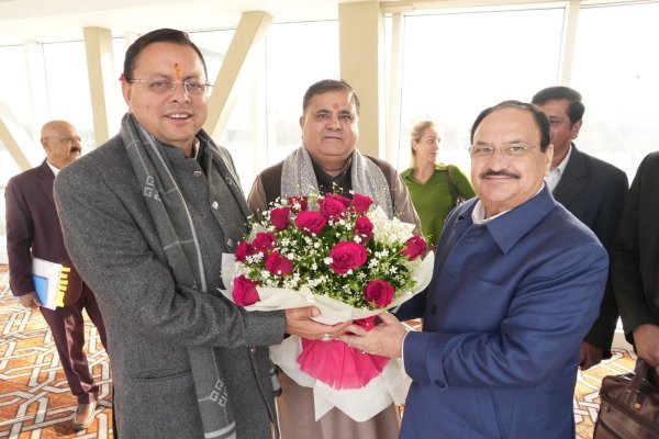 JP Nadda was welcomed by CM Dhami at Jolly Grant Airport